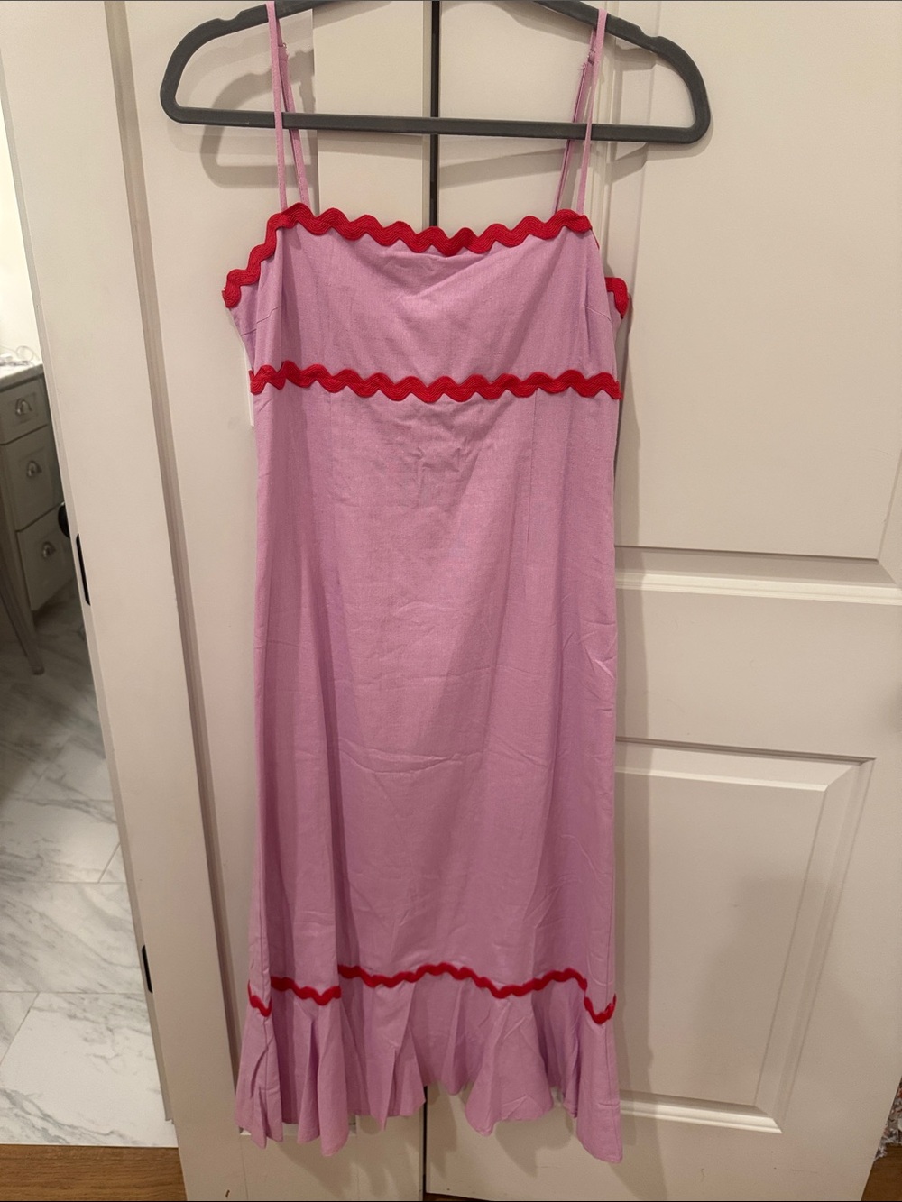 Lilac Slip Dress with Red Trim